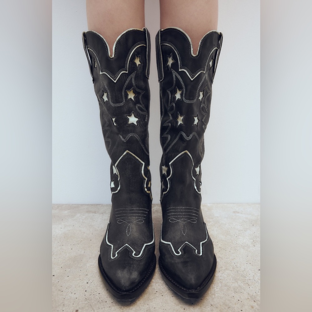 Zara cowboy boots leather western star southwestern cowgirl - Picture 3 of 12
